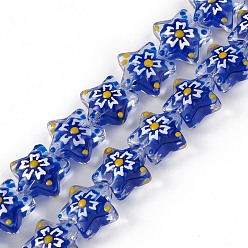 Blue Handmade Lampwork Beads Strands, with Enamel, Star with Sakura Pattern, Blue, 13x13.5x12mm, Hole: 1mm, about 33pcs/strand, 14.72 inch(37.4cm)