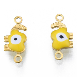 Yellow 304 Stainless Steel Enamel Connector Charms, Real 18K Gold Plated, Elephant with Evil Eye, Yellow, 6.5x15x2.5mm, Hole: 1.2mm