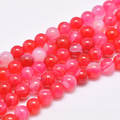 Pale Violet Red Natural Striped Agate/Banded Agate Bead Strands, Dyed & Heated, Round, Grade A, Pale Violet Red, 6mm, Hole: 1mm, about 63pcs/strand, 14.7 inch(375mm)