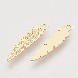 Light Gold Brass Pendants, Etched Metal Embellishments, Long-Lasting Plated, Feather, Light Gold, 17x4x0.3mm, Hole: 1mm