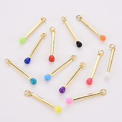 Mixed Color Brass Enamel Pendants, with Jump Ring, Cadmium Free & Nickel Free & Lead Free, Match, Real 16K Gold Plated, Mixed Color, 30x4.5mm, Jump Ring: 5x1mm, 3mm inner diameter