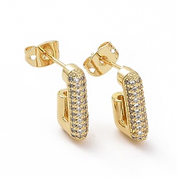 Oro Aretes rectangulares con circonitas cúbicas transparentes, joyas de latón para mujer, dorado, 14x8.5x3.5 mm, pin: 0.7 mm