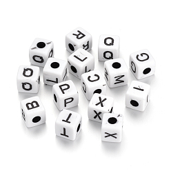 Black Opaque Horizontal Hole Acrylic Beads, Mixed Letters, Cube with Letter, Black, 6.5~7x6.5~7x6.5~7mm, Hole: 3.5mm, about 2000pcs/500g