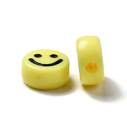 Jaune Perles acryliques opaques, plat rond avec motif de visage souriant, jaune, 10x5mm, Trou: 2mm, environ1450 pcs / 500 g