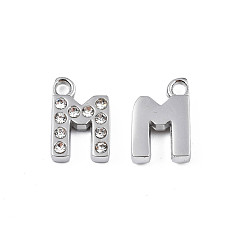 Letter M 304 прелести нержавеющей стали, с кристально горный хрусталь, буквы, letter.m, 10~10.5x2~8x2 мм, отверстие : 1.2 мм