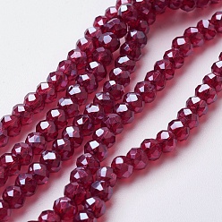 Crimson Electroplate Glass Beads Strands, Pearl Luster Plated, Faceted, Rondelle, Crimson, 4~4.5x3mm, Hole: 0.5mm, about 130~135pcs/strand, 15.5~16 inch(39~40cm)