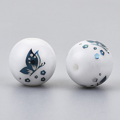 Blue Plated Electroplate Glass Beads, Round with Butterfly Pattern, Blue Plated, 10mm, Hole: 1.2mm