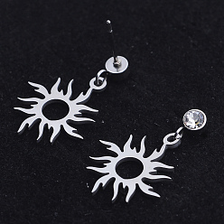 Stainless Steel Color 201 Stainless Steel Dangle Stud Earrings, with Clear Cubic Zirconia, Sun, Stainless Steel Color, 24mm, Pin: 0.8mm