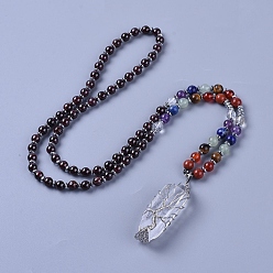 Garnet Natural Garnet & Natural Mixed Stone Pendant Necklace, with Quartz Crystal Pendant and Brass Findings, 28.3 inch(72cm), beads: 4~6.5mm, pendant: 57~63x13~17x14~16mm