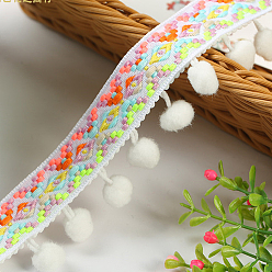 White Ethnic Style Polyester Ball Fringe Lace Trim, Garment Accessories, White, 1-3/4 inch(45mm), 20 yards/roll