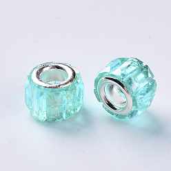 Turquoise Transparent Resin European Beads, Large Hole Beads, with Silver Color Plated Double Brass Cores, Faceted, AB Color Plated, Column, Turquoise, 11.5x8mm, Hole: 5mm