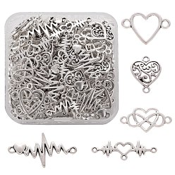 Plata Antigua 100 pcs 5 conectores de eslabones de aleación de zinc estilo tibetano, Día de San Valentín, corazón y latidos, plata antigua, 10~19x14.5~30.5x1.5~2.5 mm, agujero: 1.2~2.5 mm, 20 piezas / estilo