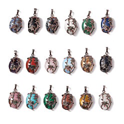 Mixed Stone Natural & Synthetic Gemstone Pendants, with Red Copper Tone Brass Findings, Cadmium Free & Lead Free, Oval with Flower Charm, Mixed Dyed and Undyed, 33x20x9mm, Hole: 5x8mm