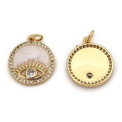 Real 18K Gold Plated Brass Micro Pave Clear Cubic Zirconia Pendants, Long-Lasting Plated, with Jump Rings & Enamel, Flat Round with Eye, Real 18K Gold Plated, 18x16x2.7mm, Hole: 3.2mm