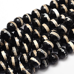 Black Tibetan Style Striped Pattern dZi Beads Strands, Faceted Natural Agate Round Beads, Black, 8mm, Hole: 1mm, about 46pcs/strand, 15.4 inch