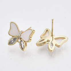 Real 18K Gold Plated Brass Micro Pave Clear Cubic Zirconia Stud Earring Findings, with Enamel and Loop, Nickel Free, Butterfly, Real 18K Gold Plated, 11.5x13.5mm, Hole: 1.2mm, Pin: 0.8mm