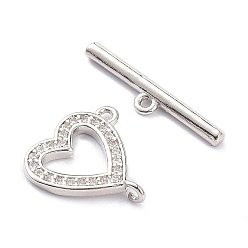 Platinum Brass Micro Pave Clear Cubic Zirconia Toggle Clasps, Heart, Platinum, Heart: about 14mm wide, 14mm long, 1.5mm thick, Hole: 1mm, Bar: 4x19.5x2mm, Hole: 1mm