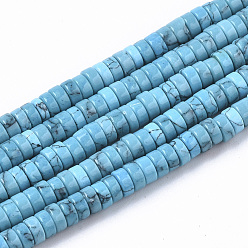 Sky Blue Synthetic Turquoise Beads Strands, Dyed, Heishi Beads, Disc, Sky Blue, 4x1~2mm, Hole: 0.7mm, about 195~213pcs/strand, 14.96 inch~15.31 inch(38~38.9cm)