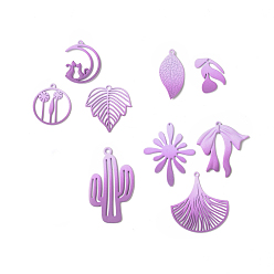 Medium Purple Spray Painted Alloy Charms, Flower & Leaf & Bowknot & Cactus & Moon, Medium Purple, 21~44.5x15~33.5x1~2.5mm, Hole: 1.2~1.5mm, 18pcs/set