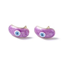 Medium Orchid Enamel Curved Oval with Evil Eye Stud Earrings, Real 18K Gold Plated Brass Jewelry for Women, Medium Orchid, 7.5x15.5mm, Pin: 0.8mm