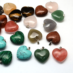 Mixed Stone Heart Natural & Synthetic Mixed Stone Pendants, with Platinum Tone Brass Findings, 24~26x25~26x9~10mm, Hole: 2x7mm