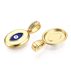Dark Blue Brass Micro Pave Clear Cubic Zirconia Pendants, with Enamel, Nickel Free, Oval with Evil Eye, Real 18K Gold Plated, Dark Blue, 20x14x2.5mm, Hole: 3x6mm