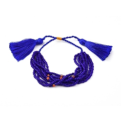 Medium Blue Adjustable Glass Seed Beads Braided Bead Bracelets, Multi-strand Bracelets, with Tassel Pendants, Evil Eye, Medium Blue, 1-1/8 inch~2-7/8 inch(3.2~7.3cm)