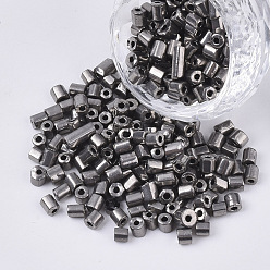 Dark Gray 6/0 Two Cut Glass Seed Beads, Hexagon, Metallic Colours, Dark Gray, 3.5~5x3.5~4mm, Hole: 1mm, about 4500pcs/bag