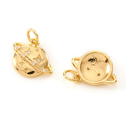 Real 18K Gold Plated Brass Micro Pave Cubic Zirconia Universe Space Charms, with Jump Rings, Planet, Clear, Real 18K Gold Plated, 13x13.5x3.5mm, Jump Ring: 5x0.8mm, Hole: 3.5mm