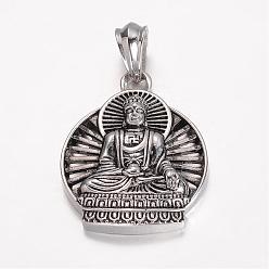 Antique Silver 304 Stainless Steel Pendants, Buddha, Antique Silver, 46x37.5x6.5mm, Hole: 12x8mm