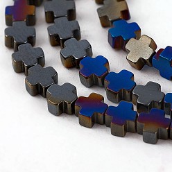Plaqué Bleu Galvaniques perles d'hématite synthétique non magnétique brins, croix, bleu plaqué, 4x4x2mm, Trou: 0.6mm, Environ 98 pcs/chapelet, 16.14 pouce (41 cm)
