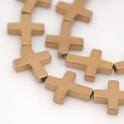 Copper Plated Electroplate Non-magnetic Synthetic Hematite Beads Strands, Cross, Copper Plated, 17x14x4mm, Hole: 1mm, about 23pcs/strand, 15.7 inch