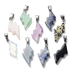 Mixed Stone Natural & Synthetic Mixed Gemstone Pendants, Lightning Bolt Charms with Stainless Steel Color Plated 201 Stainless Steel Snap on Bails, 31~33x13~14x5mm, Hole: 7.5x4.5mm