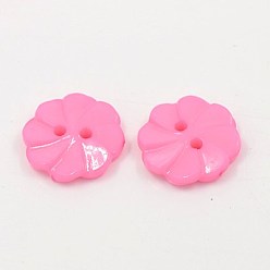 Pink Boutons acryliques, 2-trou, teint, fleur, rose, 13x3mm, Trou: 2mm