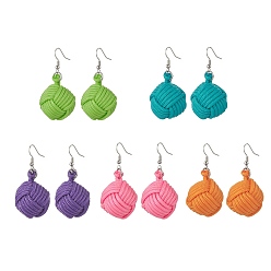 Mixed Color Handmade Polyester & Spandex Braided Ball Dangle Earrings with Natural Wood Beaded, Platinum Brass Jewelry for Women, Mixed Color, 47.5mm, Pin: 0.7mm