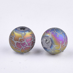 Colorful Electroplate Glass Beads, Frosted, Round with Pattern, Colorful, 8~8.5mm, Hole: 1.5mm