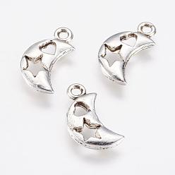 Antique Silver Alloy Pendants, Moon with Star and Heart, Antique Silver, 17x9x2mm, Hole: 2mm