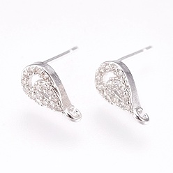 Platinum Brass Micro Pave Cubic Zirconia Stud Earring Findings, with Loop, Lead Free & Cadmium Free, Teardrop, Clear, Platinum, 11.5x6x2.5mm, Hole: 1mm, Pin:0.6mm