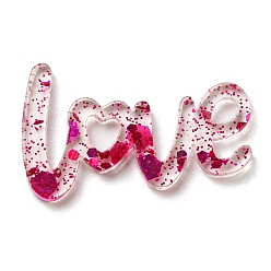 Deep Pink Transparent Acrylic Cabochons, with Sequin, Word LOVE, Deep Pink, 14.5x24x2mm