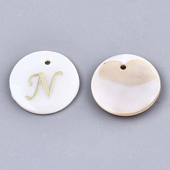 Letter N Natural Freshwater Shell Pendants, with Golden Plated Brass Etched Metal Embellishments, Flat Round with Letter, Letter.N, 15x2mm, Hole: 1.2mm