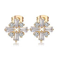 Clear Real 18K Gold Plated Flower Brass Cubic Zirconia Stud Earrings, Clear, 14x14mm