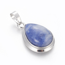 Sodalite Natural Sodalite Pendants, with Brass Findings, teardrop, Platinum, 26x16~17x8~10mm, Hole: 8x5mm