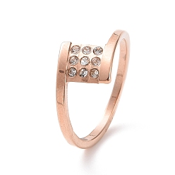Oro Rosa Anillo de dedo cuadrado de diamantes de imitación de cristal, chapado de iones (ip) 304 joyas de acero inoxidable para mujer, oro rosa, tamaño de EE. UU. 6~9 (16.5~18.9 mm)