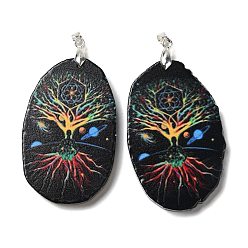 Colorful Natural Agate Big Pendants, Tree of Life Charms with Platinum Plated Metal Pinch Bails, Dyed & Heated, Colorful, 48~65x27~46x5.5~6mm, Hole: 5x3mm