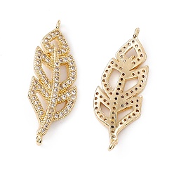 Real 18K Gold Plated Brass Micro Pave Clear Cubic Zirconia Connector Charms, Leaf Links, Real 18K Gold Plated, 27.5x10x2mm, Hole: 1mm
