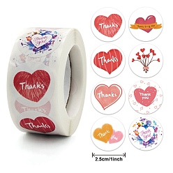 Corazón Gracias tema pegatinas de papel autoadhesivas, Etiquetas adhesivas en rollo de colores, etiqueta de regalo pegatinas, patrón del corazón, 2.5x0.1 cm, 500 pc / rollo