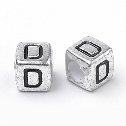 Letter D Plated Acrylic Beads, Horizontal Hole, Cube with Letter, Antique Silver, Letter.D, 6mm, Hole: 3mm, about 3000pcs/500g