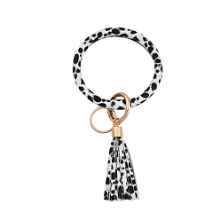 Blanco Llaveros de brazalete de cuero imitaition pu con patrón de estampado de leopardo, llavero de pulsera con borla y anillo de aleación, blanco, 200x100 mm