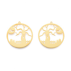 Real 18K Gold Plated Halloween 201 Stainless Steel Pendants, Laser Cut, Flat Round, Ghost Tree with Bat, Real 18K Gold Plated, 34x32x1mm, Hole: 1.5mm