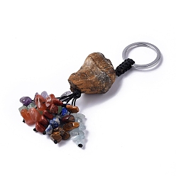 Tiger Eye Natural Tiger Eye Nugget with Mixed Gemstone Chips Tassel Keychains, with 304 Stainless Steel Ring Clasps, 9~10.5cm